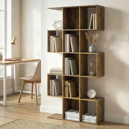 5-Tier S-Shaped Bookcase | 15 Compartments | Rustic Brown | 80 x 157.5 cm