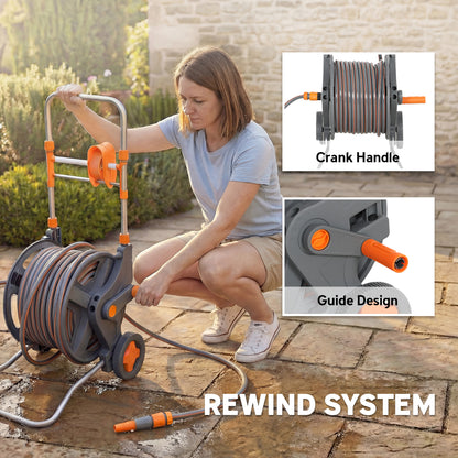 Garden Hose Reel Cart on Wheels | 45+2m | Dual-Mode Nozzle | Manual Crank & Built-In Guide | Weather-Resistant PVC | 8 Bar Working Pressure | Freestanding | 45x44x78cm | Orange