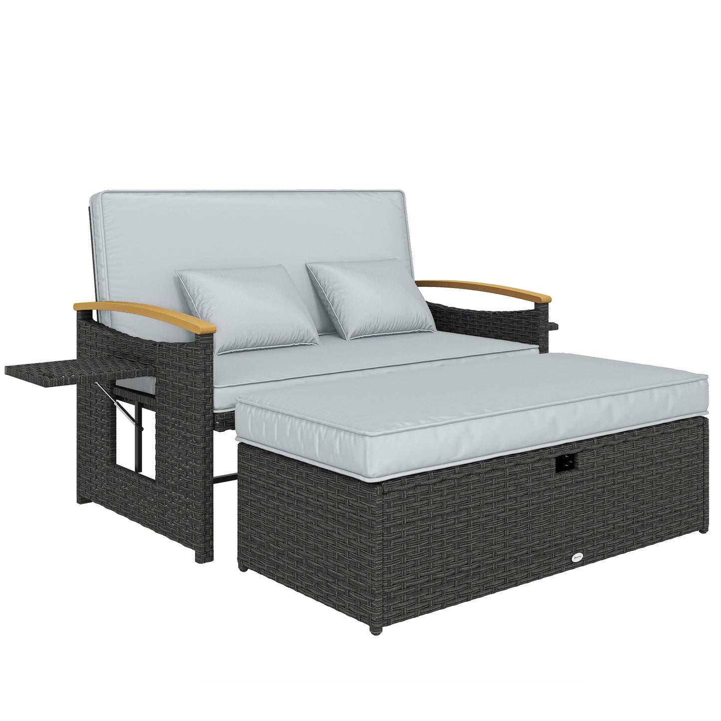 3-in-1 Rattan Garden Daybed | Loveseat to Daybed | Storage Ottoman | 5-Level Adjustable Backrest | 2 Foldable Side Tables | Wood-Effect Armrests | Triple-Strand PE Rattan | 320kg | Dark Grey