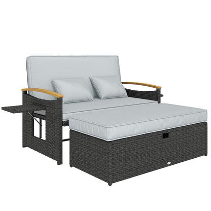 3-in-1 Rattan Garden Daybed | Loveseat to Daybed | Storage Ottoman | 5-Level Adjustable Backrest | 2 Foldable Side Tables | Wood-Effect Armrests | Triple-Strand PE Rattan | 320kg | Dark Grey
