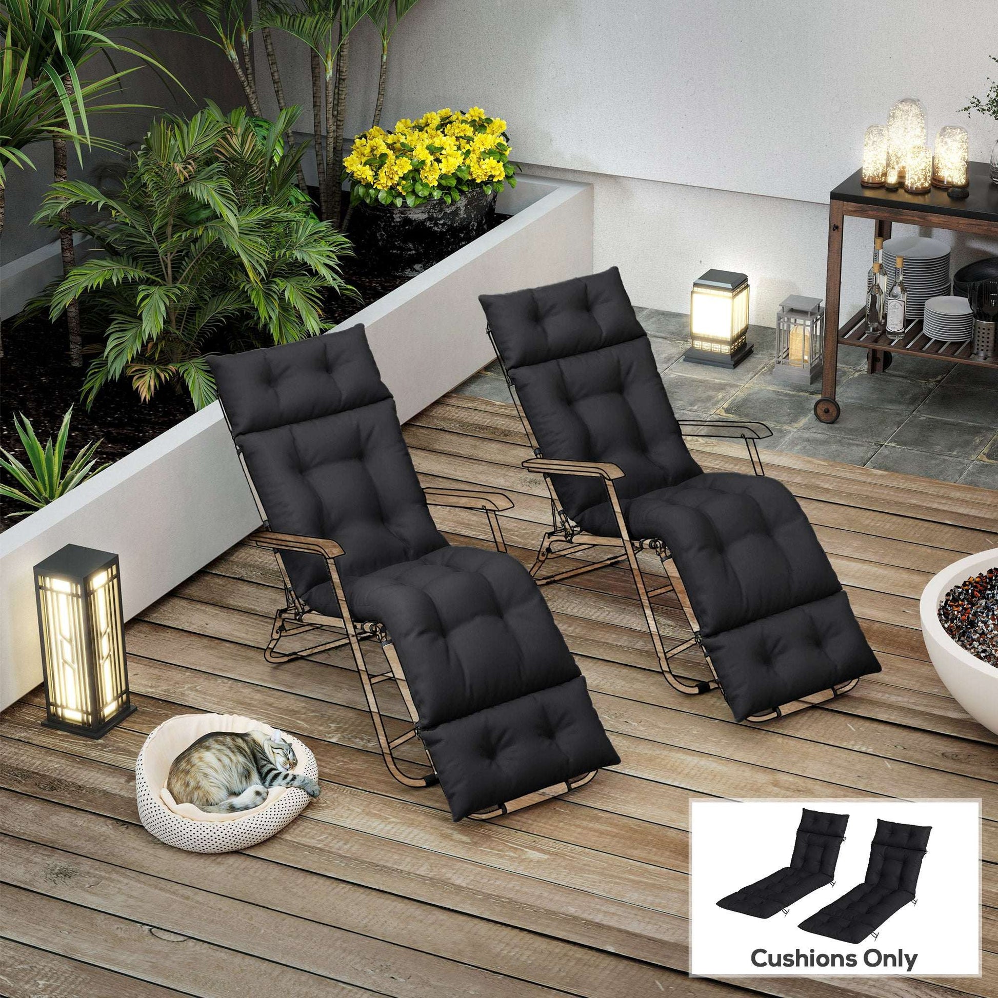 Set of 2 Sun Lounger Cushions | 190x56x10cm | High-Resilience PP Foam | UPF20+ | Fade & Splash Resistant | 220gsm Polyester | 6 Tie Fastenings | Black