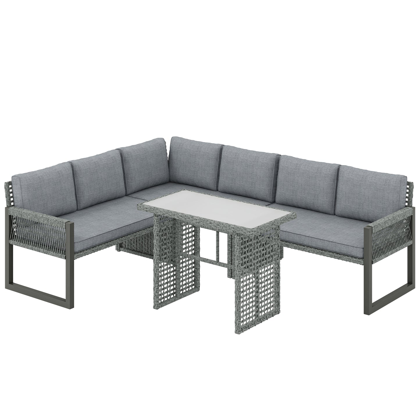 6 Seater Modular Rattan Corner Garden Furniture Set | 3 Loveseats & Dining Table | Tempered Glass | Galvanised Frame | Fade-Resistant Cushions | L-Shape or U-Shape | Grey