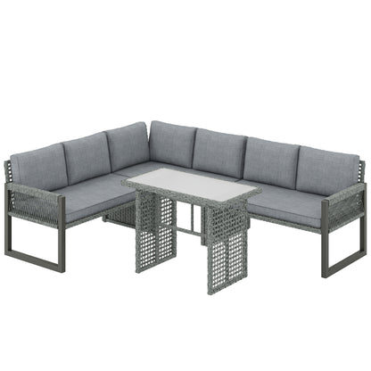 6 Seater Modular Rattan Corner Garden Furniture Set | 3 Loveseats & Dining Table | Tempered Glass | Galvanised Frame | Fade-Resistant Cushions | L-Shape or U-Shape | Grey