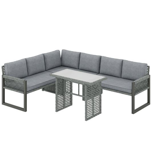 6 Seater Modular Rattan Corner Garden Furniture Set | 3 Loveseats & Dining Table | Tempered Glass | Galvanised Frame | Fade-Resistant Cushions | L-Shape or U-Shape | Grey