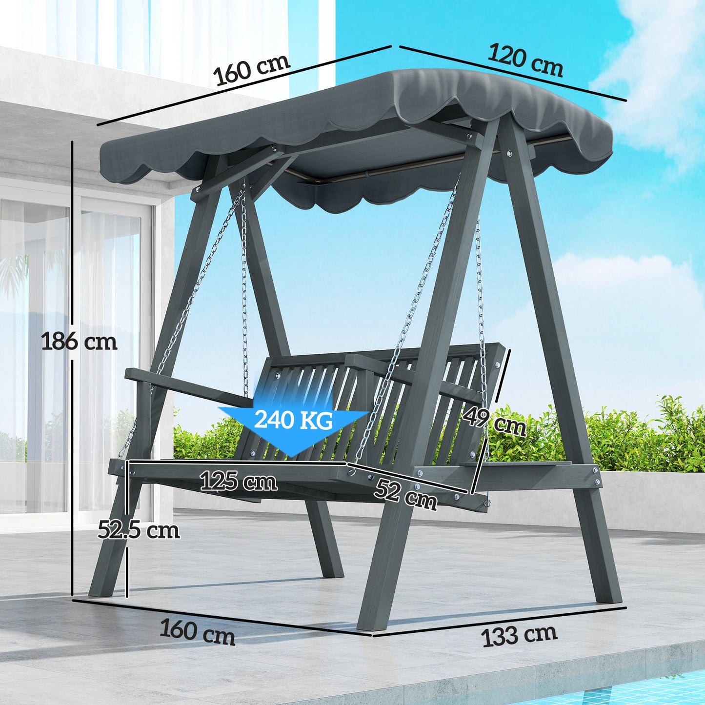 2-Seater Garden Swing Seat with Canopy | Larch Wood Frame | UV-Resistant | 240kg | Grey