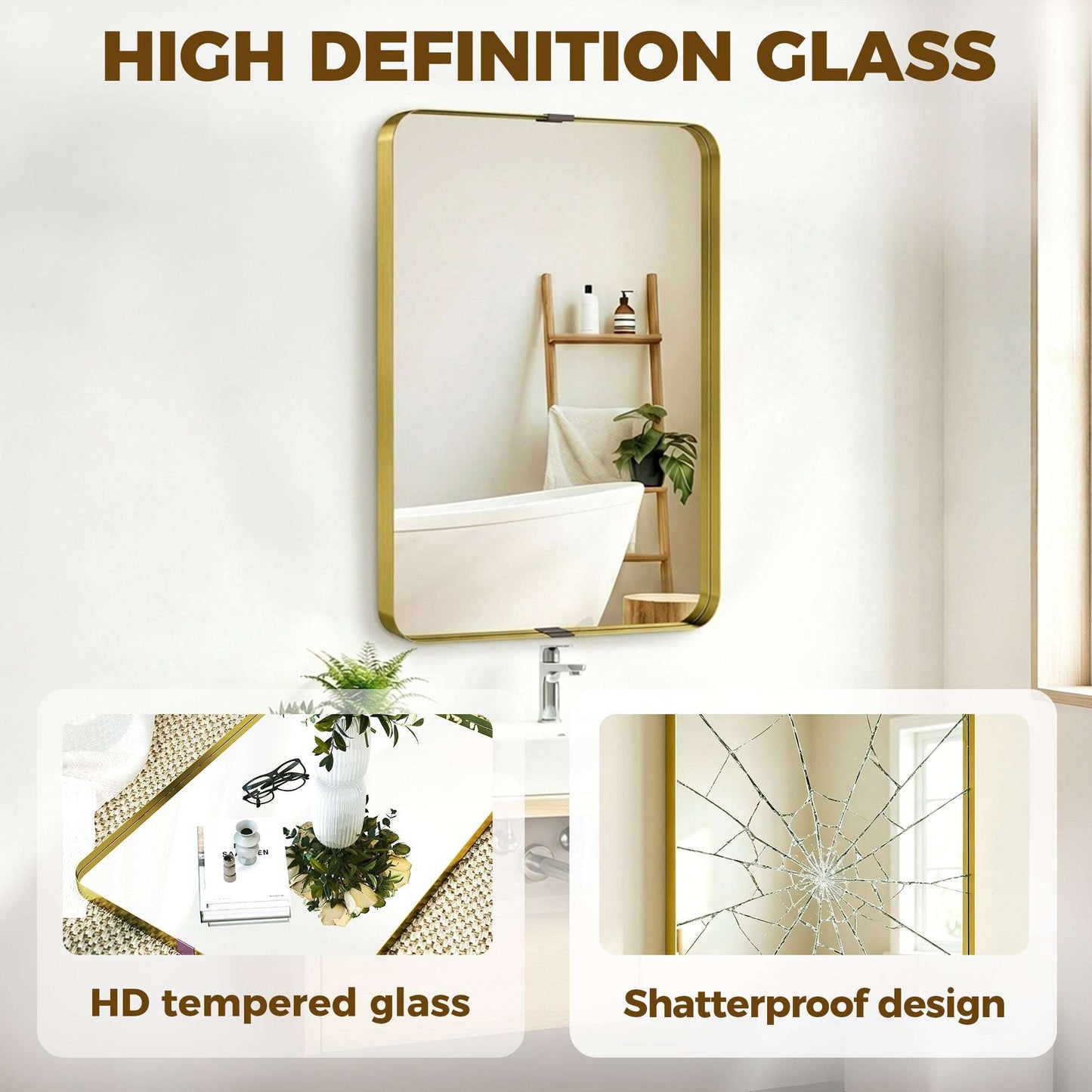 Rectangular Wall Mirror | Shatterproof Tempered Glass | Anodised Aluminium Alloy Frame | 4cm Deep 3D Effect | Soft Rounded Corners | No Assembly | 60x4x90cm | Gold Tone