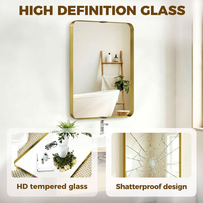 Rectangular Wall Mirror | Shatterproof Tempered Glass | Anodised Aluminium Alloy Frame | 4cm Deep 3D Effect | Soft Rounded Corners | No Assembly | 60x4x90cm | Gold Tone