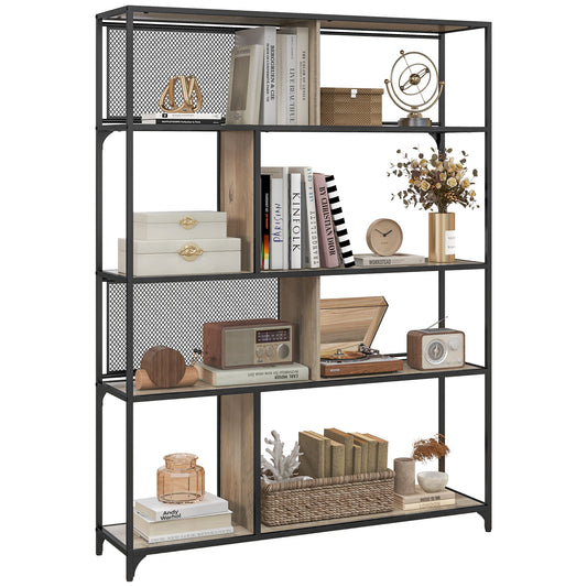 5 Tier Book Shelf with Sliding Mesh Doors, Industrial Storage Shelves, Metal Shelving Unit for Living Room, Study, Bedroom, Grey Wood Grain