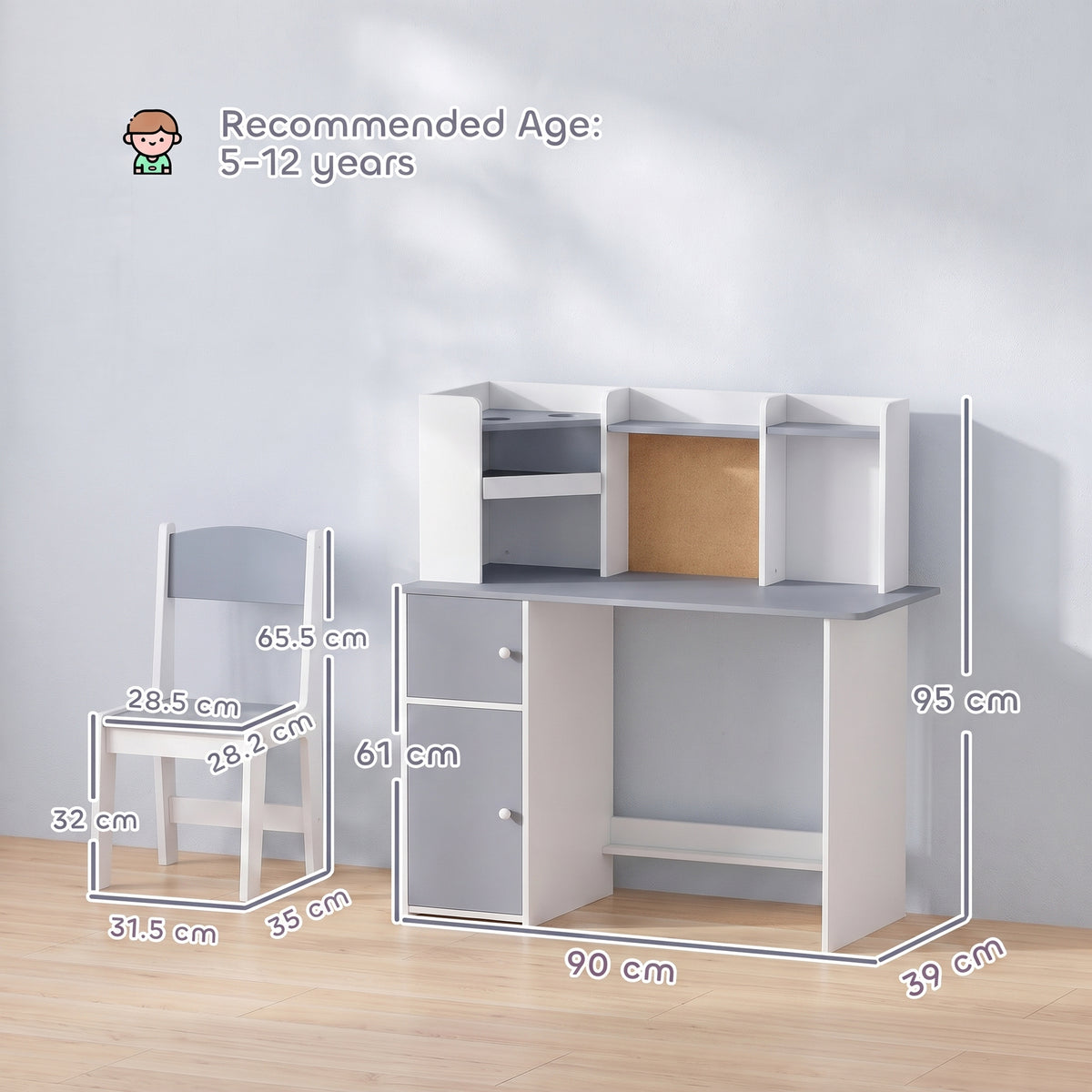 Kids Desk and Chair Set | Adjustable Tablet Stand | Cork Board | Pen Holder | 3-Tier Bookshelf | Upper Cubbies & Cabinets | E1 MDF | Rounded Corners | Anti-Tip | 90x39x95cm Table | Ages 3–12 | Grey & Pink