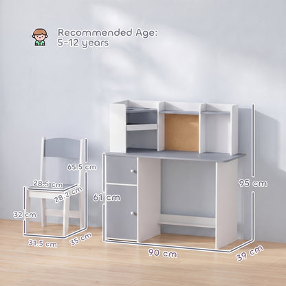 Kids Desk and Chair Set | Adjustable Tablet Stand | Cork Board | Pen Holder | 3-Tier Bookshelf | Upper Cubbies & Cabinets | E1 MDF | Rounded Corners | Anti-Tip | 90x39x95cm Table | Ages 3–12 | Grey & Pink