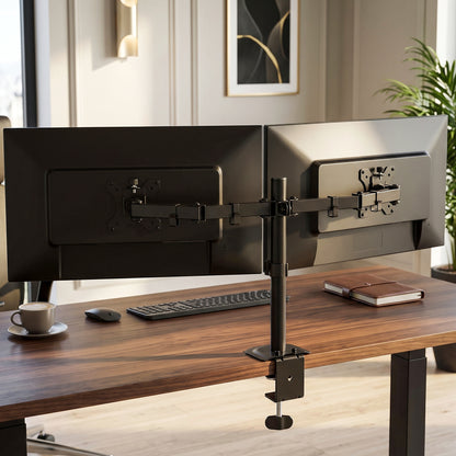 Dual Monitor Stand | 2 Screens up to 32 Inch | Height Adjustable, Tilt, Swivel & 360° Rotation | 20kg Capacity | Black Steel
