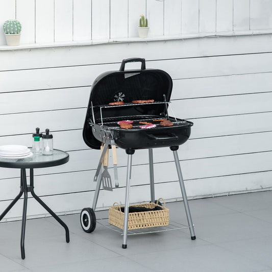 Outsunny Portable BBQ Charcoal Grill with 2 Wheels and Cooking Utensils, Smoker Grill with Lid for Outdoor Barbecues, Camping, Picnic