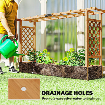 Wooden Raised Planter with Trellis & Hanging Roof Rails | Fir Wood | 2 Side Trellises | 8 Drainage Holes | 175x39cm Bed | 10kg Max | 200x44x113.5cm | Natural Wood Finish