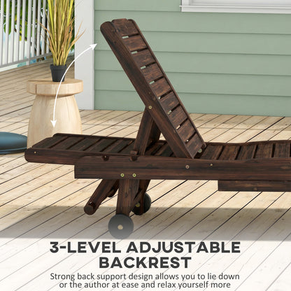 Wooden Sun Lounger | Pull-Out Side Tray | 3-Position Adjustable Backrest | Slatted Fir Wood | Wheels | 182x60cm | 113kg | Carbonised Finish