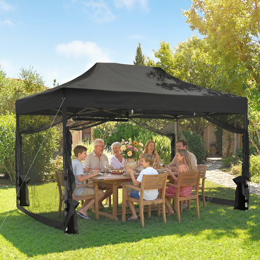 3x4.5m Heavy Duty Pop Up Gazebo | UPF50+ 420D Oxford Fabric | 4 Mesh Nettings | 12 Rainwater Holes | 3 Height Settings | Windproof Level 4-6 | Snow Rated | Full Stability Kit | Wheeled Bag | Black