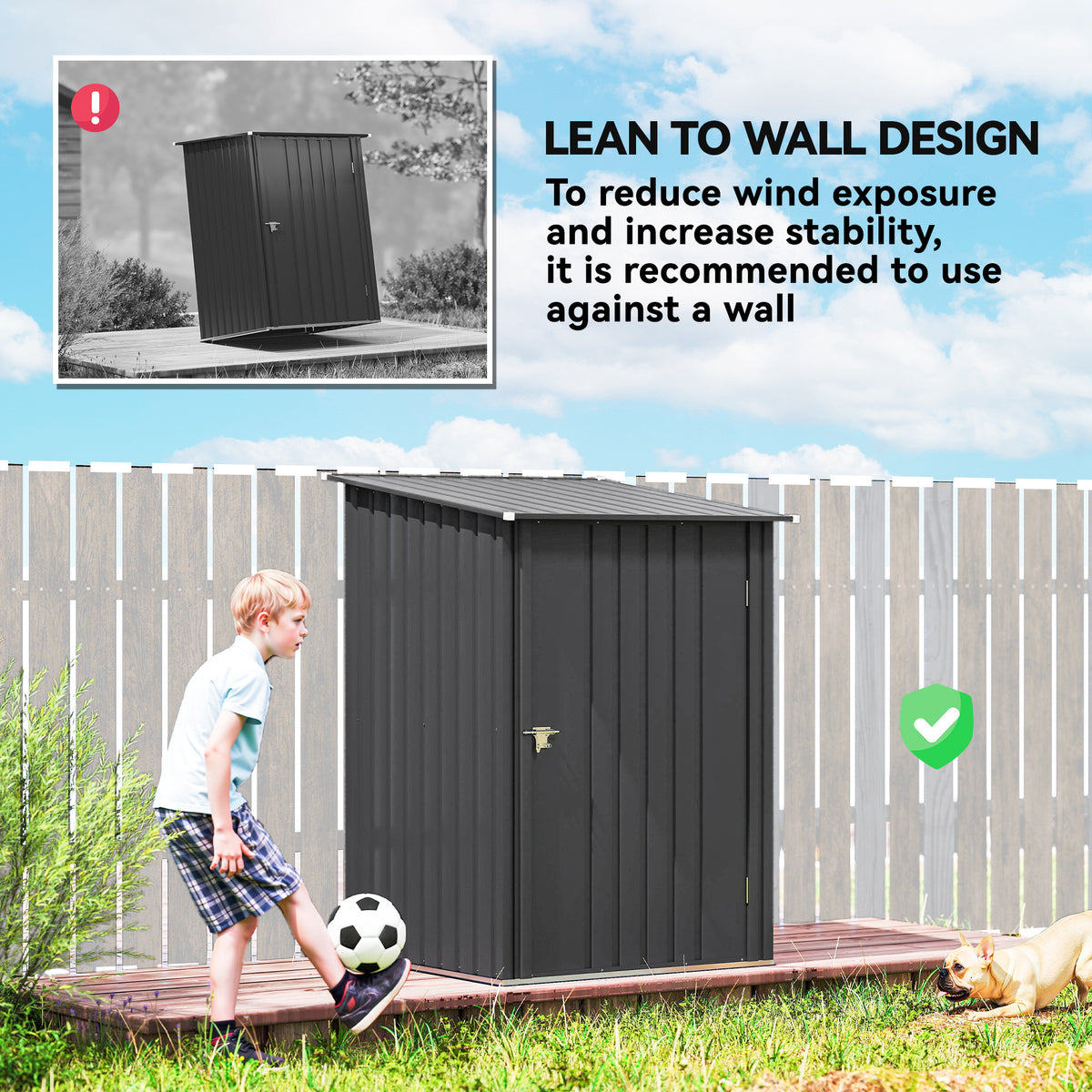 Lean To Steel Garden Shed with Latched Door | Galvanised Corrugated Steel | Sloped Roof | Dark Grey | 100x104x160cm | Inner 83x86cm | 20kg/m² Snow Load | No Rainwater Buildup | Assembly Required