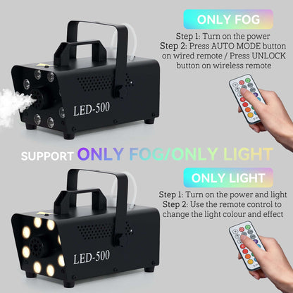 Smoke Machine with 3 RGB LED Lights with 13 Colours and 4 Effects, 450W 2000CFM Fog Machine with Wired and Wireless Remote Controls