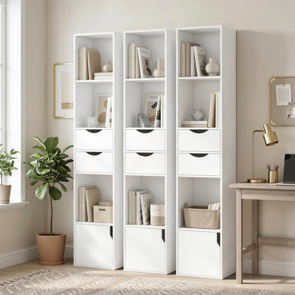 Bookcase with Drawers Adjustable Shelf Bookshelf with 2 Drawers and Cabinet 158cm, White / Grey