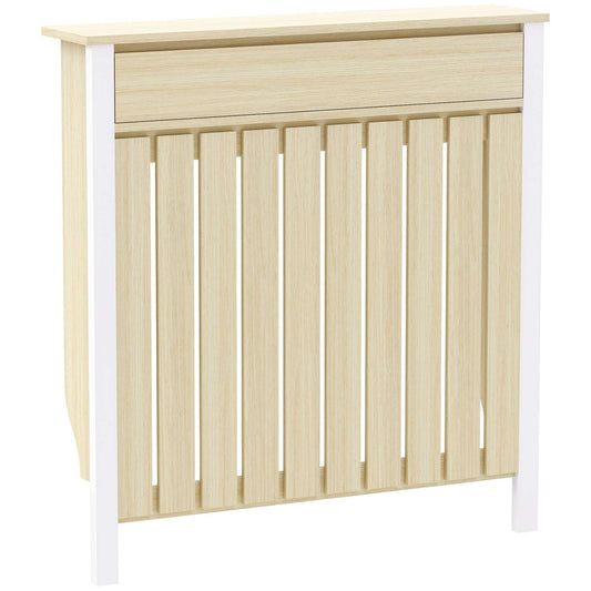MDF & Particle Board Radiator Cover with 1 Drawer | Vertical Slats | Flat Top Display Surface | Wall Mountable | Pre-Cut Outs | 14kg Capacity | 88.5x19x93cm | Oak & White