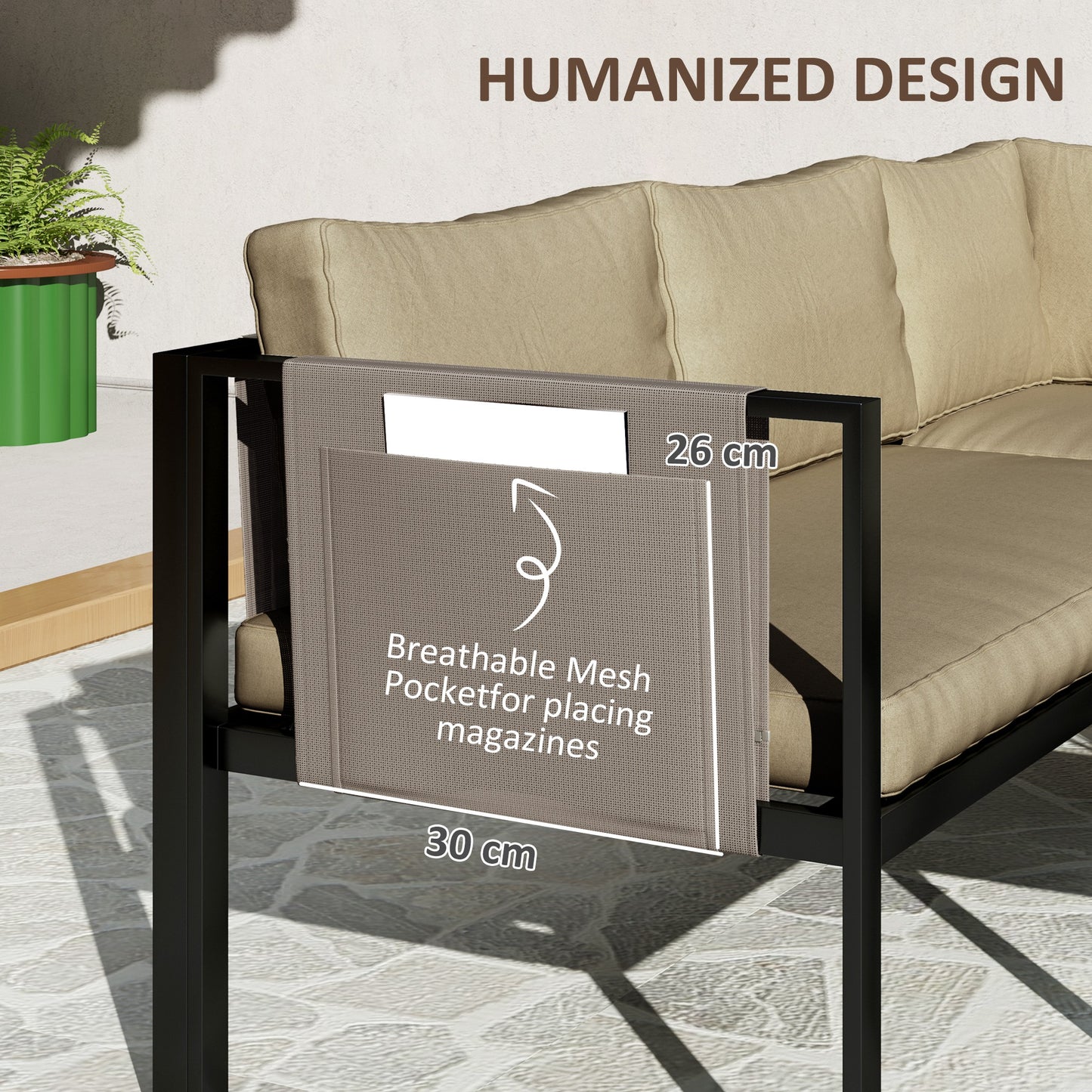 4 Piece Metal Garden Furniture Set with Tempered Glass Coffee Table, Breathable Mesh Pocket, Outdoor Conversational Corner Sofa, Khaki