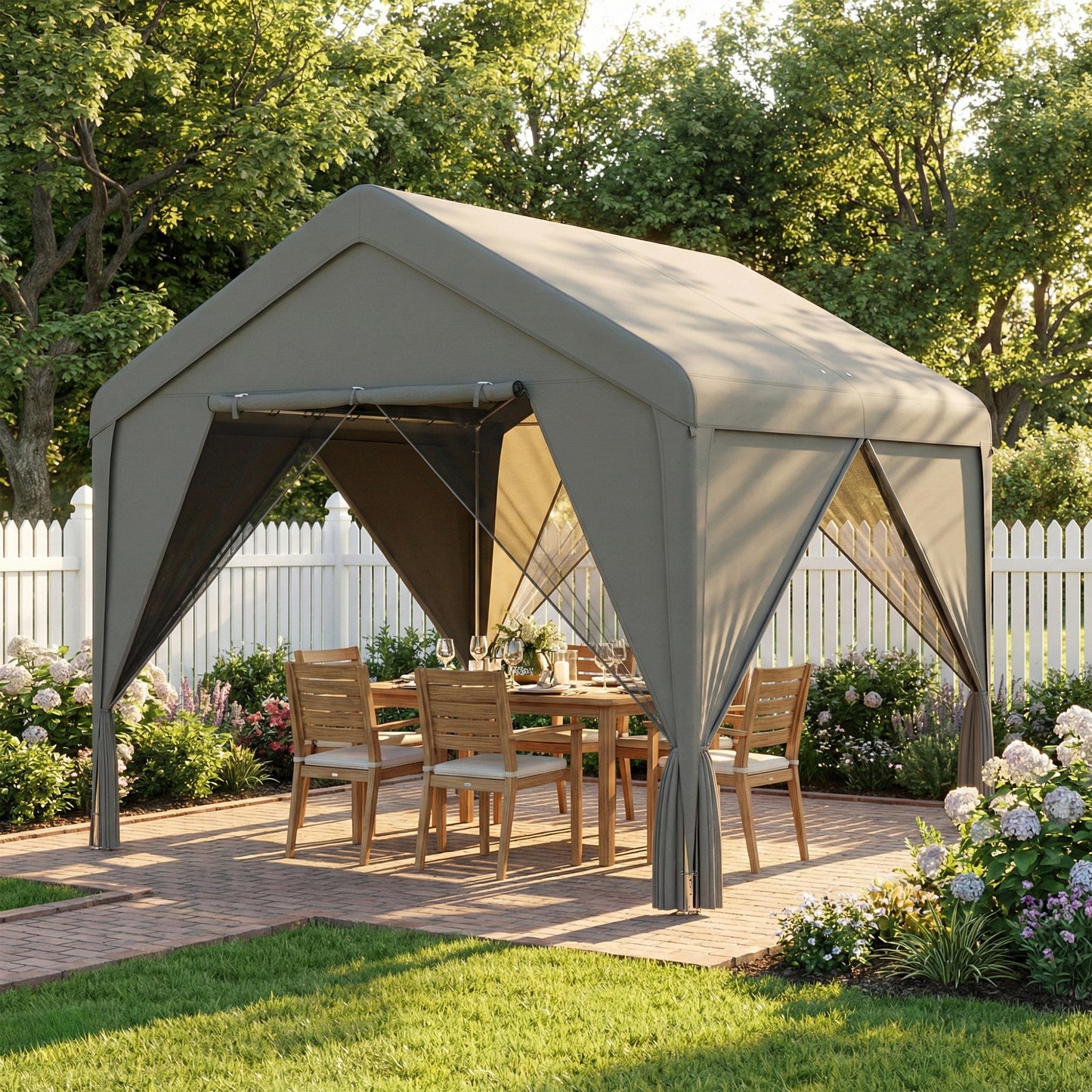 3x3m Garden Gazebo | Dual-Layer Sidewalls | Mesh Netting & Curtains | UV30+ PVC-Coated Apex Roof | 2 Roll-Up Doors & 2 Side Doors | Galvanised Steel Frame | Seats 6-9 | 295x300x278cm | Dark Grey