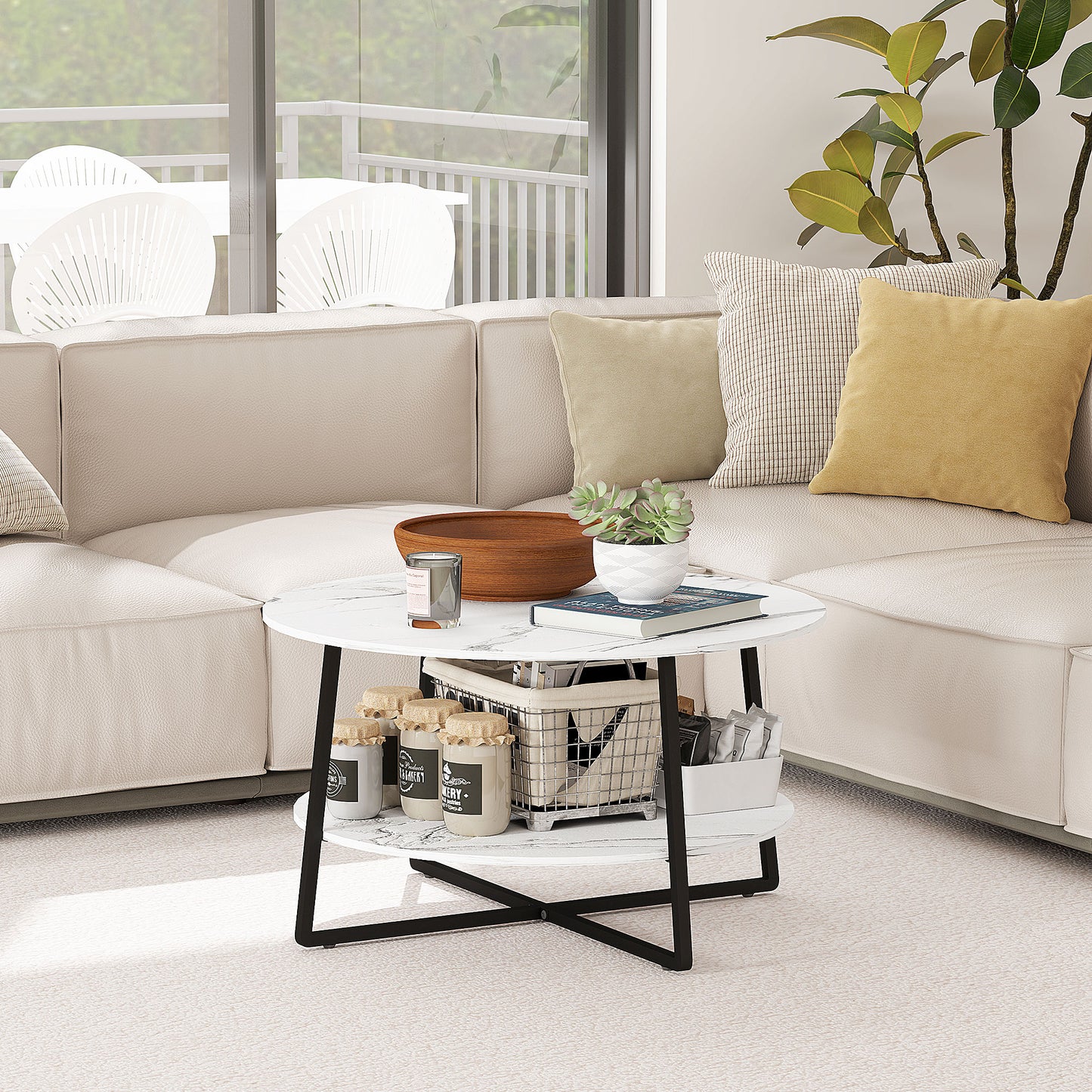 2-Tier Round Coffee Table with Storage Shelf, Living Room Table with Marble Effect Top and Steel Frame, White