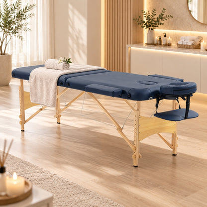 Portable Massage Table | Dark Blue 2-Section Folding Beauty Bed | Beech Frame, 4cm Padding & Carry Bag | Adjustable Height 67–92cm