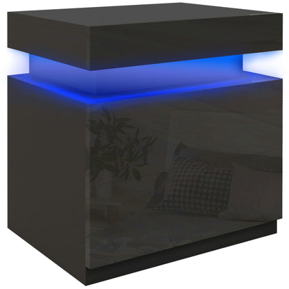 Black Bedside Table with LED Light, High Gloss Front Nightstand with 2 Drawers, for Living Room, Bedroom