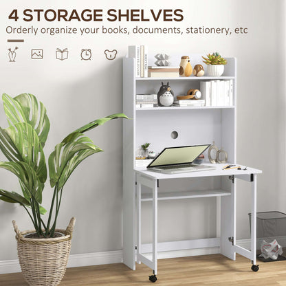 Foldable Desktop, Computer Desk with Storage Shelves, 80 x 69 x 155 cm, White