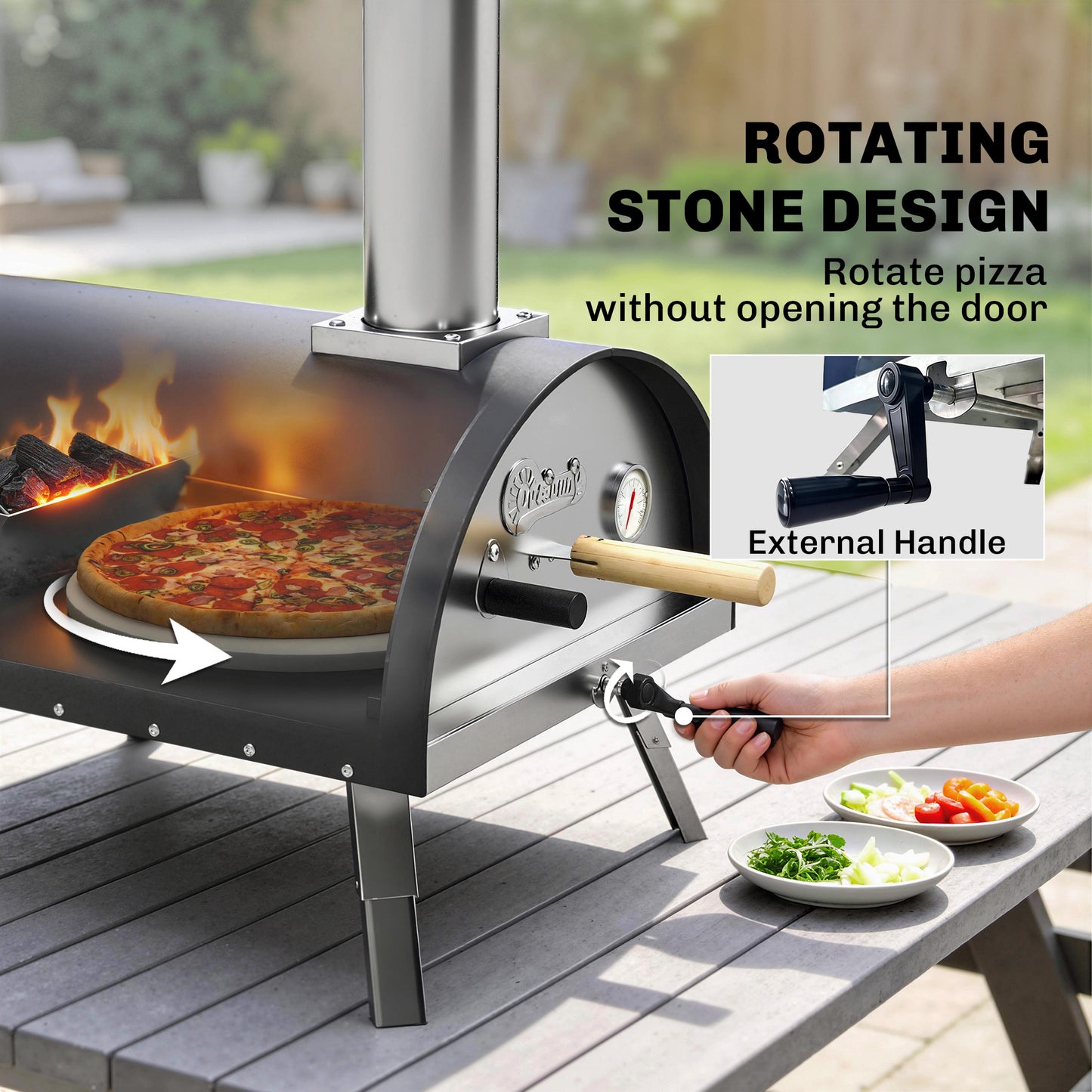 Wood-Fired Outdoor Pizza Oven | 500°C in 10 Mins | Rotating Stone | Peel Included | Foldable Legs | Black