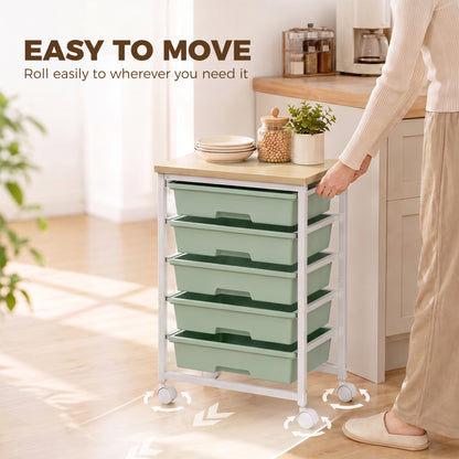 6-Tier Storage Trolley on Wheels | 5 Pull-Out Drawers | Rolling Kitchen Cart | Green