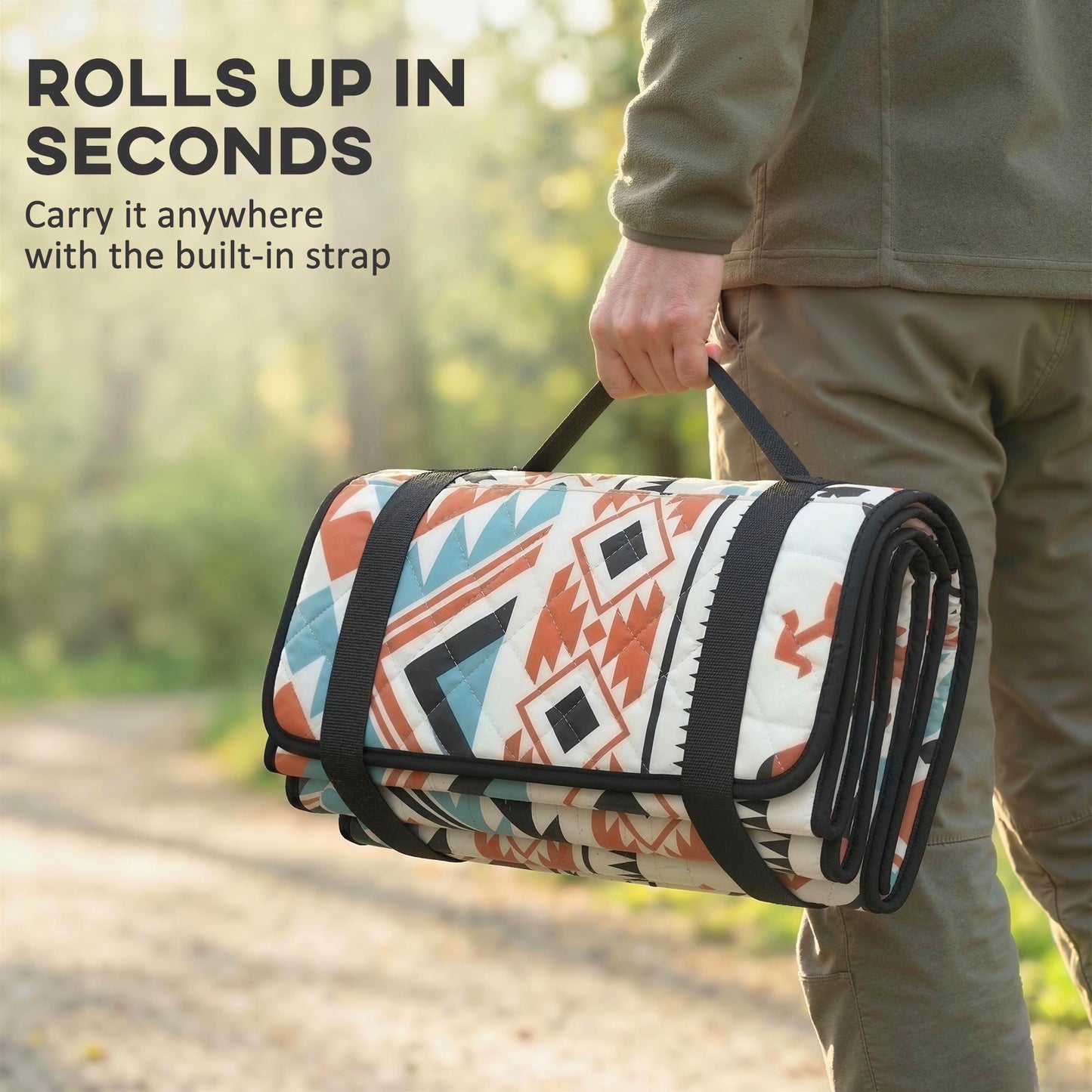 200x200cm Picnic Blanket & Beach Mat | Water-Repellent Oxford Base | 1cm Padding | Integrated Strap | 3-4 People | Mix-Colour