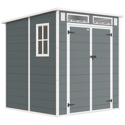 PP & Aluminium Garden Storage Shed with Floor | 3 Windows | Dual Vents | Double Doors | Lock & Keys | UV-Resistant | Water-Repellent | 40kg/m² Snow Load | 182x182x196cm | 2.89m² | Tools Bikes & BBQ | Grey