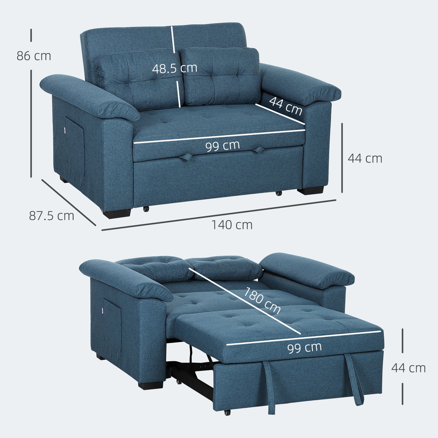 Pull Out Sofa Bed, Fabric 2 Seater Sofa Bed Settee, with 2 Pillows and Side Pockets for Living Room, Home Office, Blue