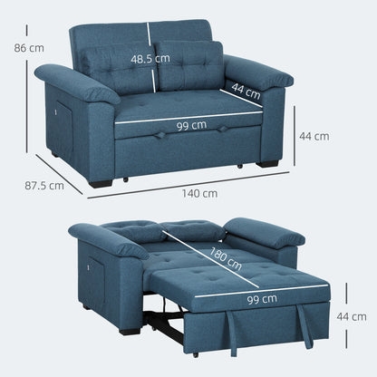 Pull Out Sofa Bed, Fabric 2 Seater Sofa Bed Settee, with 2 Pillows and Side Pockets for Living Room, Home Office, Blue