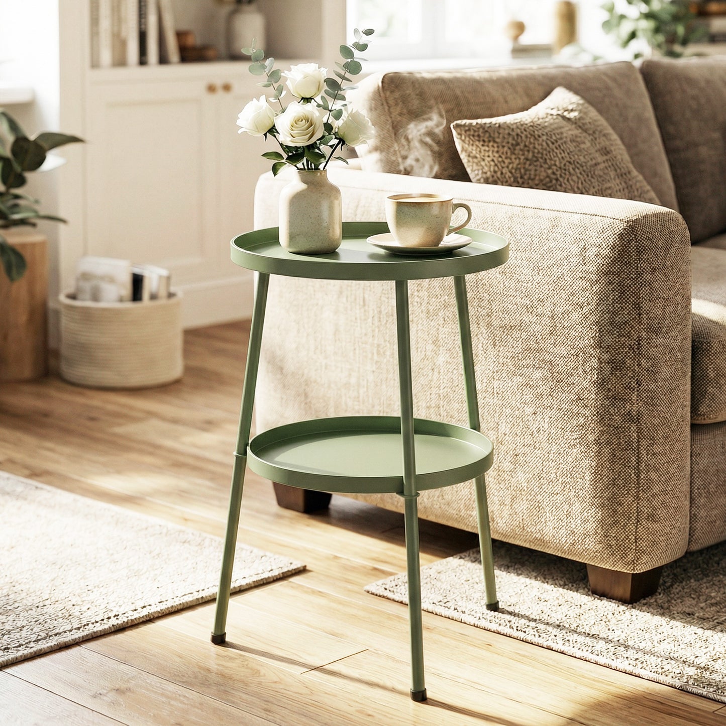 2 Tier Round Garden Bistro Side Table | 36x36x53cm | 32cm Top Tray | Tripod Base | Adjustable Feet | Powder Coated Metal | 20kg | Light Green