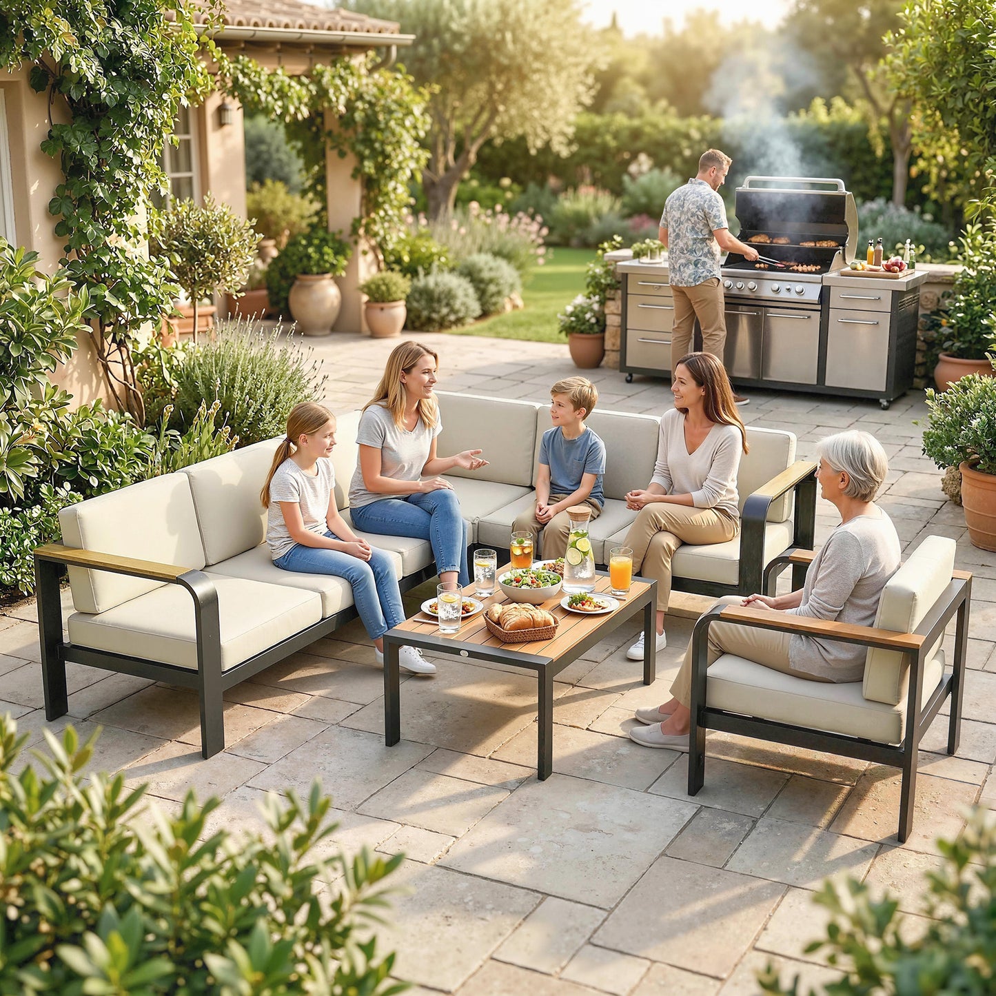 Aluminium Garden Corner Sofa Set | L-Shaped Sofa, Armchair & Table | 12cm Olefin Cushions | Beige