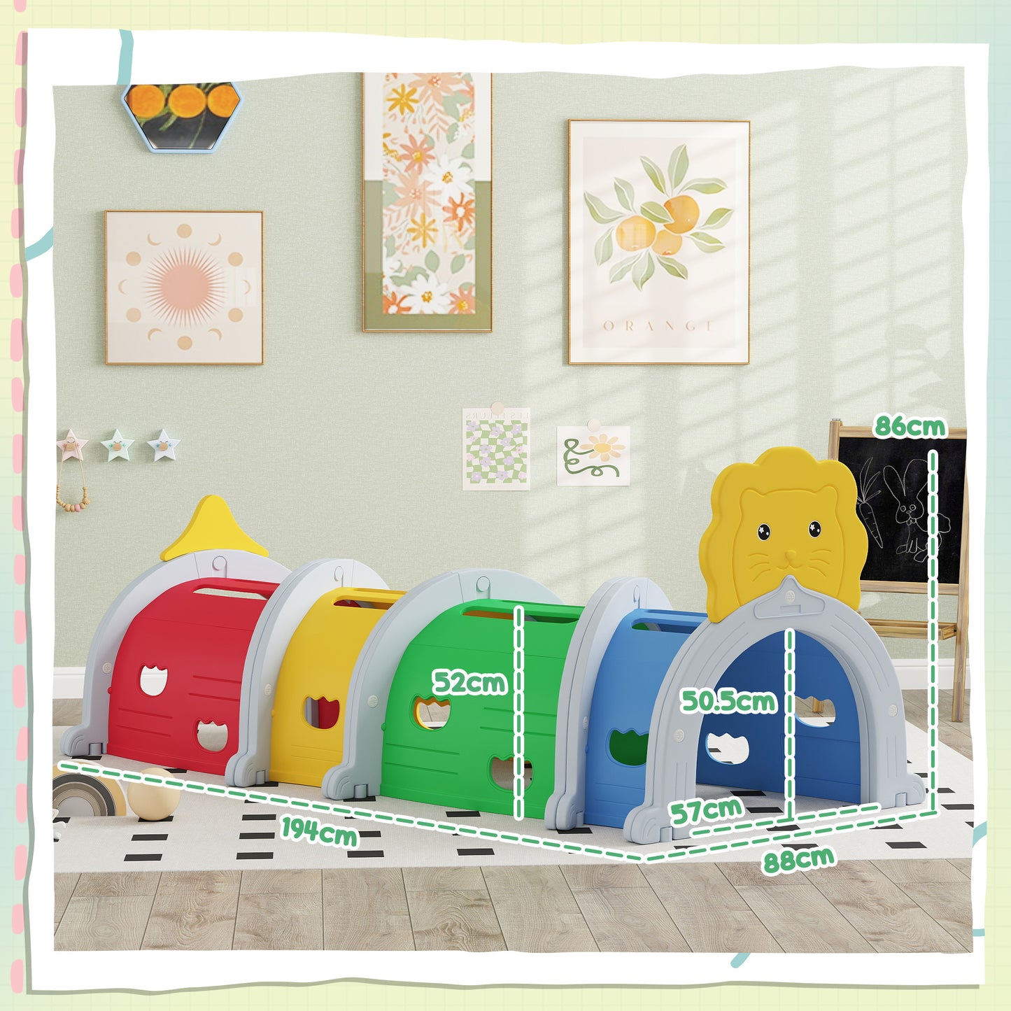 Kids Play Tunnel for 3-6 Years Crawl and Climb, Lion Design, Indoor & Outdoor