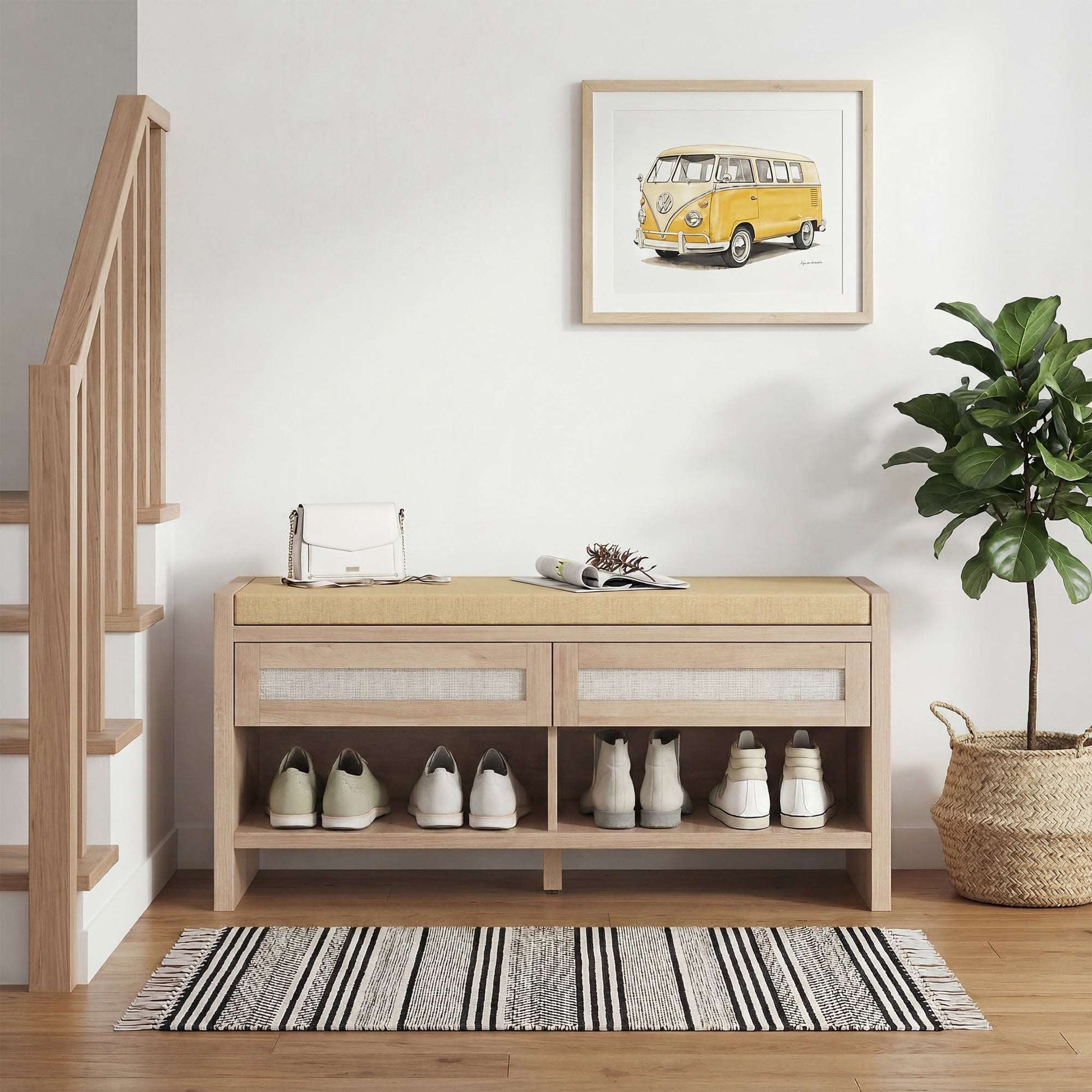 Boho Hallway Shoe Bench | 2 PE Rattan Drawers | Open Shelf | 5cm Foam Padded Seat for 2 | MDF Frame | 180kg Capacity | 105x35x50cm | Oak Wood Effect