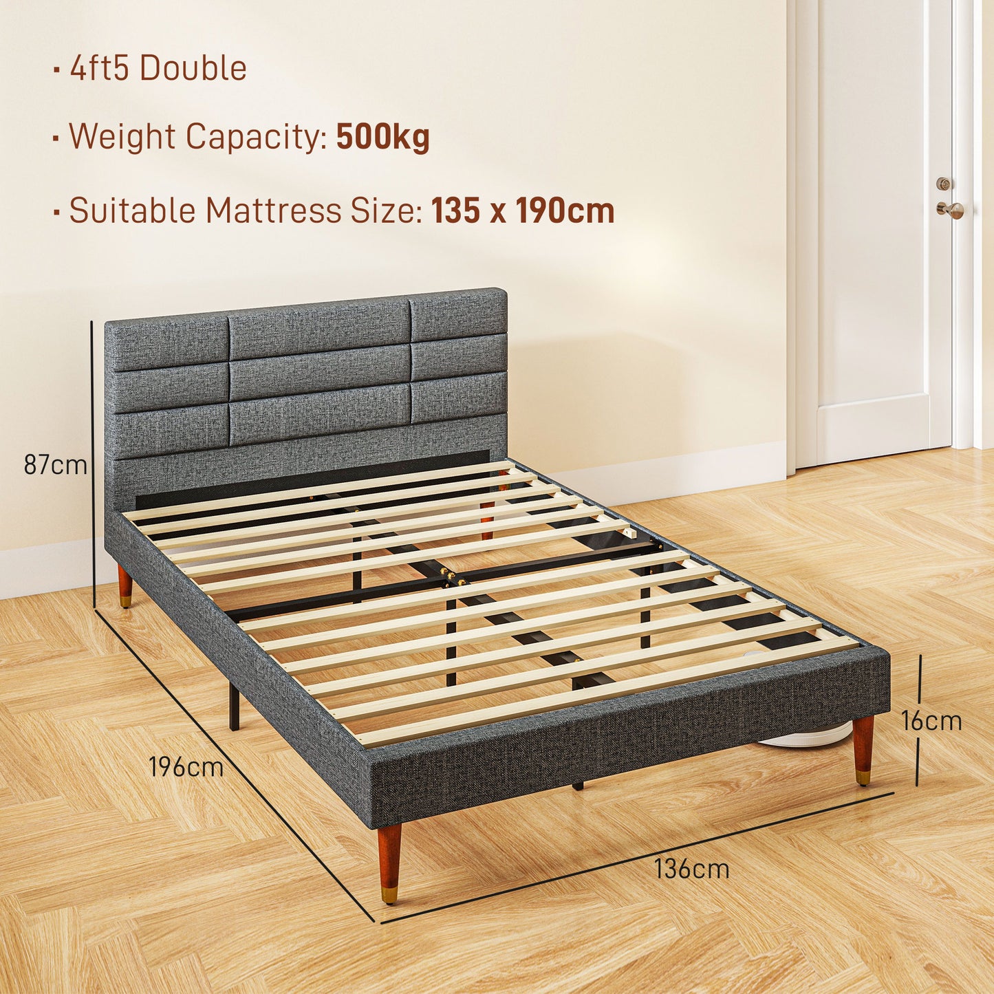4 ft 5 Upholstered Double Platform Bed Frame with Underbed Storage Tufted Headboard Wood Slat No Box Spring Needed