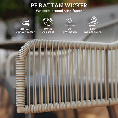 Outsunny 4 Seater Rattan Dining Set, Rattan Garden Furniture Set with Parasol Hole, Outdoor Dining Table and Chairs Set with Cushions, Round Glass Top Table