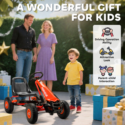 AIYAPLAY Kids Pedal Go-Kart | Red or Blue | 110x61x62cm | Ø25cm EVA Wheels | Adjustable Seat 30cm | 5cm Adjustment | Manual Brake & Clutch | Steel Frame | 30kg Max | Age 3-8 | Height 105-125cm | EN71