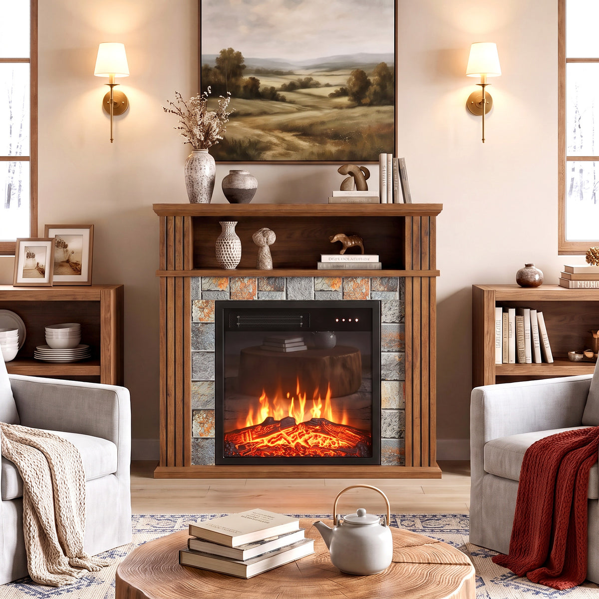Electric Fireplace Suite | 1800W Fire & Wood-Effect Surround | 78cm, Open Shelf & Roman-Style Pillars | Remote, Timer & Memory