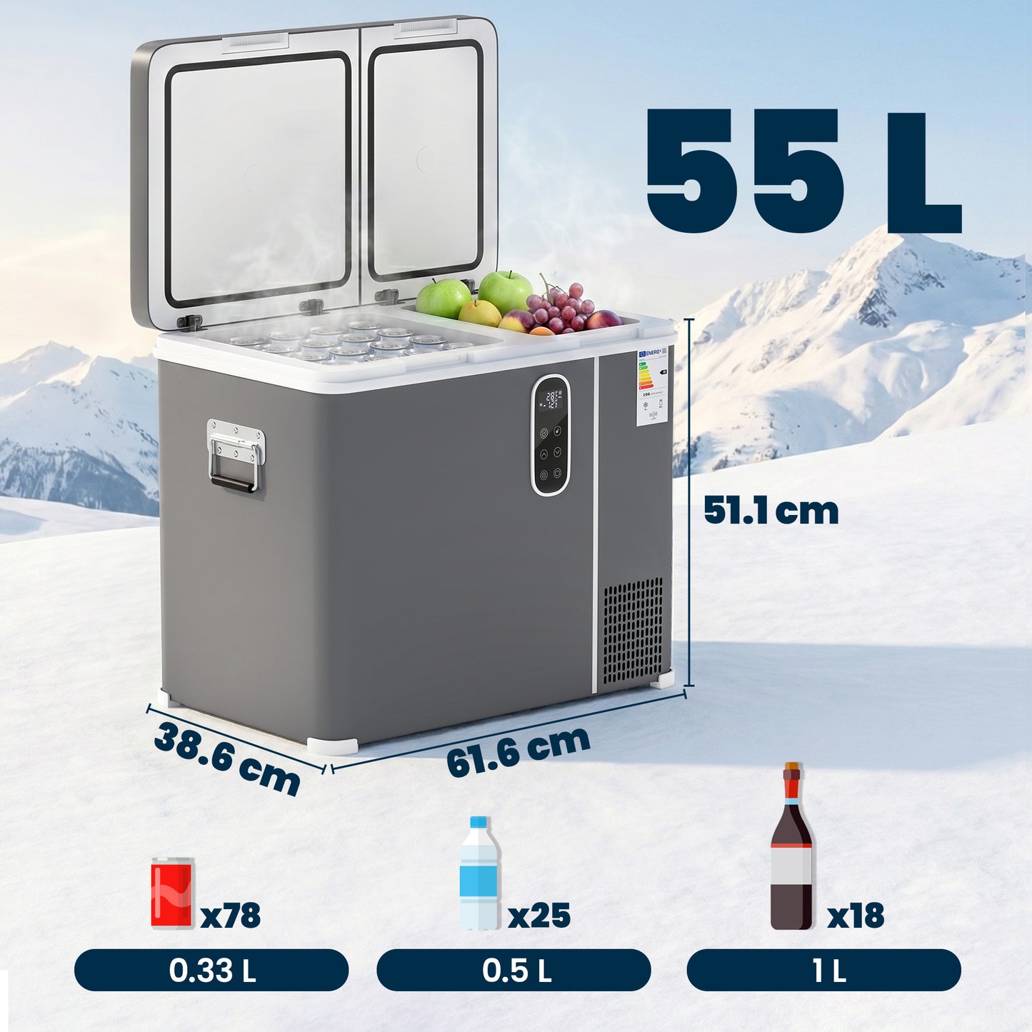 55L Dual-Zone Compressor Car Fridge Freezer | -20°C to +20°C | Bluetooth App | DC/AC | 15-Min Cool | Grey