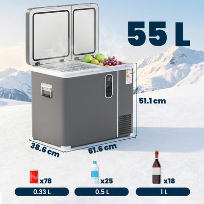 55L Dual-Zone Compressor Car Fridge Freezer | -20°C to +20°C | Bluetooth App | DC/AC | 15-Min Cool | Grey