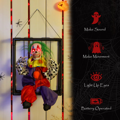 Halloween Animated Hinging Clown in Cage with Glowing LED Eyes, Spooky Clown Scary Halloween Decorations, Battery Operated, Indoor Party Props
