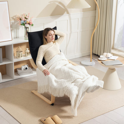 Wood Lounge Chair, Upholstered Recliner Lounge Seat with Adjustable Footrest, Armchair for Living Room, Bedroom, Balcony, Office, Black