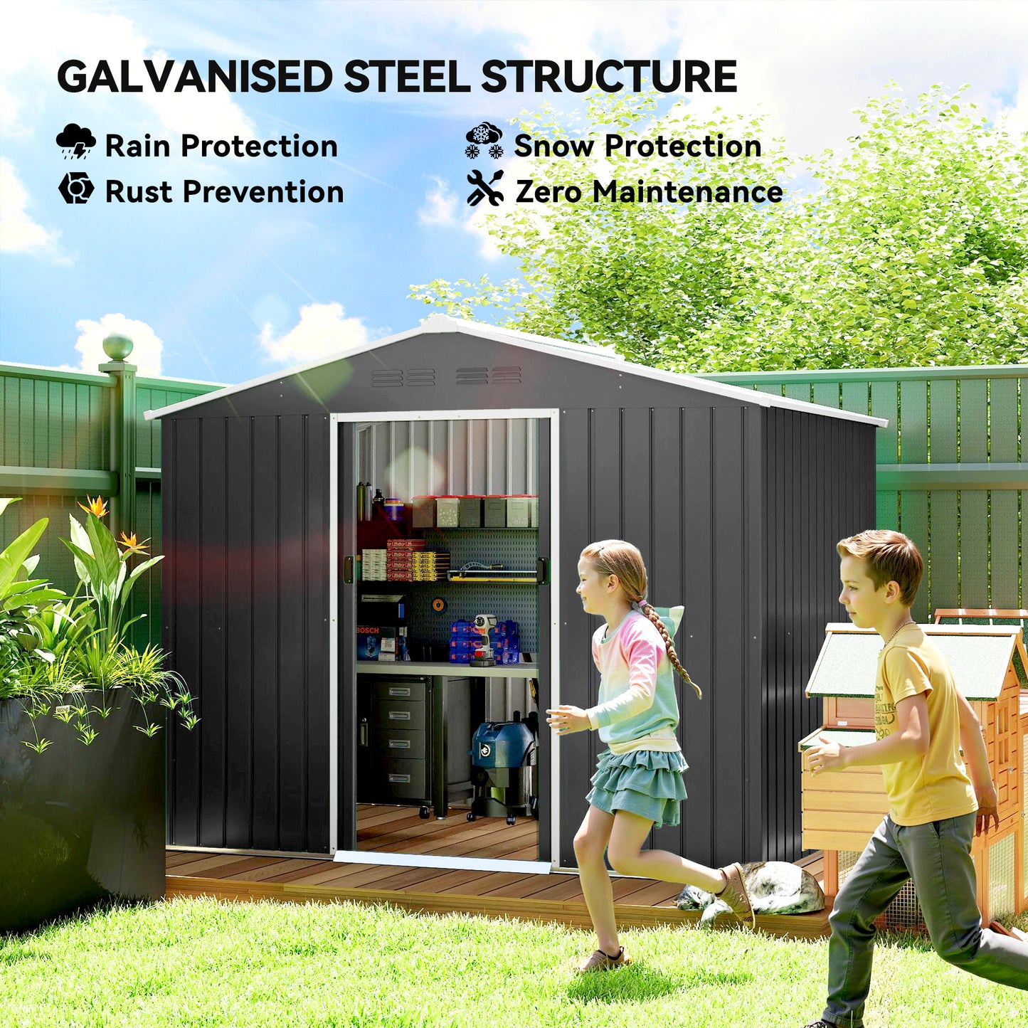 Large Galvanised Steel Garden Storage Shed | Double Sliding Door | 4 Ventilation Slots | Sloped Roof | 20kg/m² Snow Load | 236x171x191cm | Bikes Scooters Tools & Bins | Dark Grey