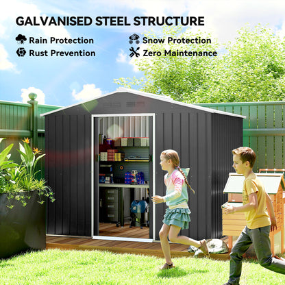 Large Galvanised Steel Garden Storage Shed | Double Sliding Door | 4 Ventilation Slots | Sloped Roof | 20kg/m² Snow Load | 236x171x191cm | Bikes Scooters Tools & Bins | Dark Grey