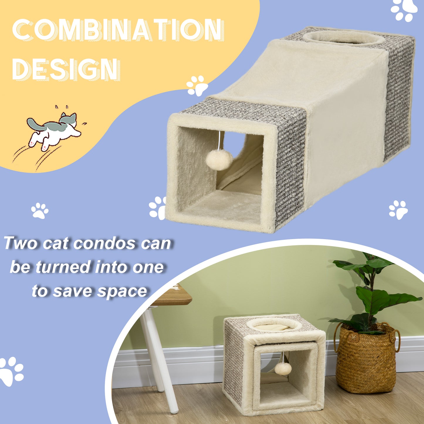 PawHut Cat Tunnel, 2 Cat Caves, Scratching Surfaces and Ball Toy, 98 cm x 30 cm x 30 cm, Brown + Beige